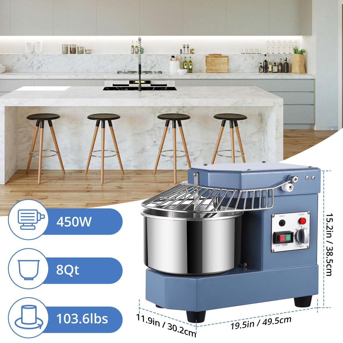 Commercial Dough Mixer, 8Qt Capacity Stainless Steel Bowl, 450W Dual Rotating Dough Kneading Machine with Security Shield & Timer Included, Baking Equipment for Restaurant Pizzeria