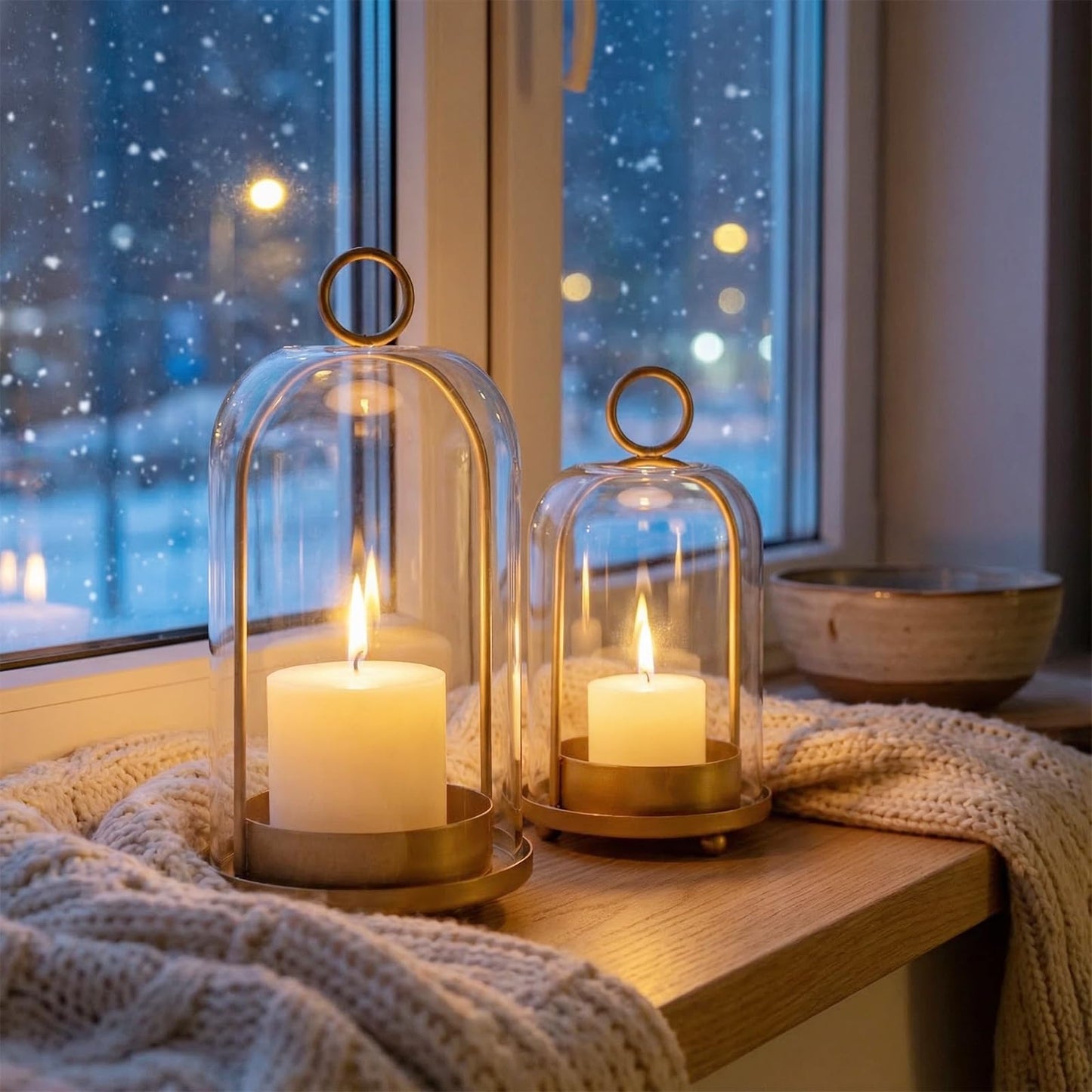 GYKLE Set of 2 Candle Lantern Set - Vintage Brass Candle Holders with Thick Glass Domes (5.25"x10" & 4.5"x7.87"), Perfect for Pillar Candles, Floral Arrangements, and Vintage Home Accents