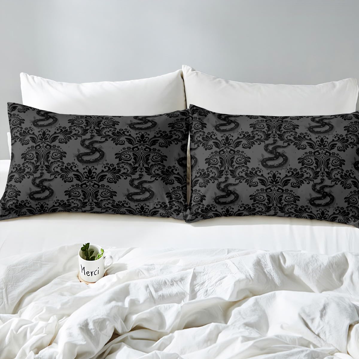 Feelyou Adults Gothic Bed Sheets Sets Full Size Kids Boys Girls Dark Olive Green Damask Print Bedding Set Snake Bed Sheet Set with 16-Inch Deep Pockets 4Pcs with 2 Pillow Cases