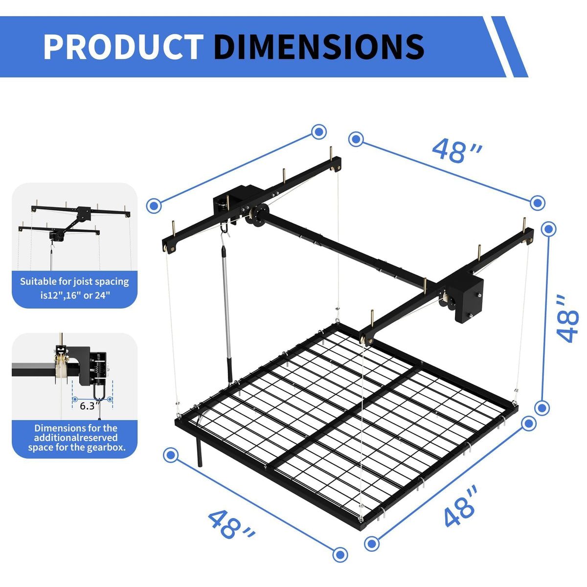 GarveeHome Heavy-Duty 4x4 ft Garage Ceiling Storage Rack with Manual Crank Lift – Adjustable Height, Carbon Steel, 350 lbs Capacity, Space-Saving Overhead Organizer for Garage or Basement – Black