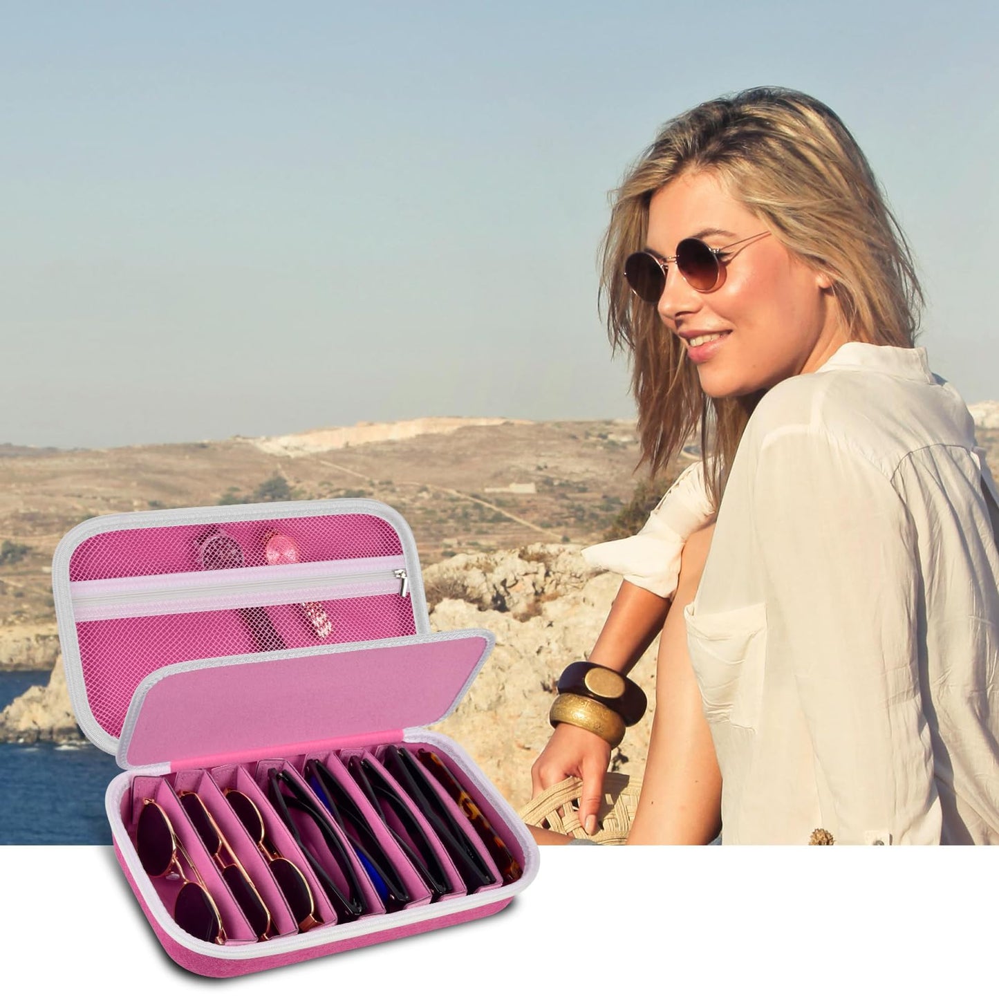 Travel Sunglass Organizer Case for Sojos/for Goodr/for Quay Polarized Sunglasses Men Women, 8 Pairs Trendy Glasses Storage Box for Retro Oval/Rectangle Aviator Shady Rays Glasses(Bag Only)-Pink,L