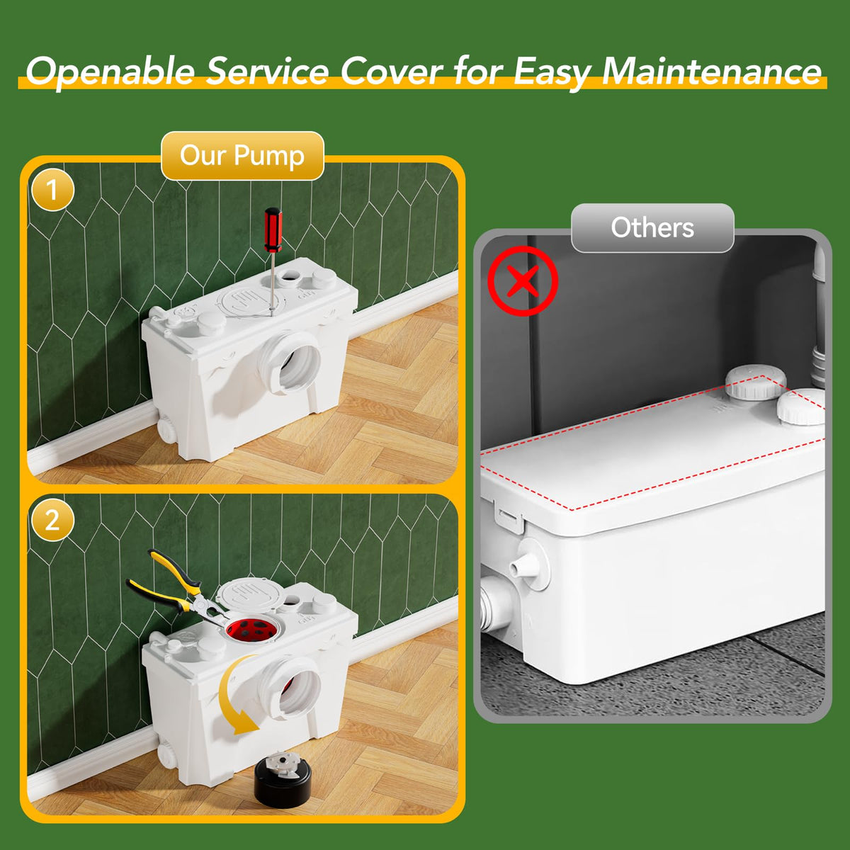 Macerator Pump for Basement Toilets, Sinks, Showers & Laundry – Upflush Pump to 23ft/8 m, 1800GPH with 4 Water Connections, Quiet & Versatile Sewage Solution for Home Bathrooms