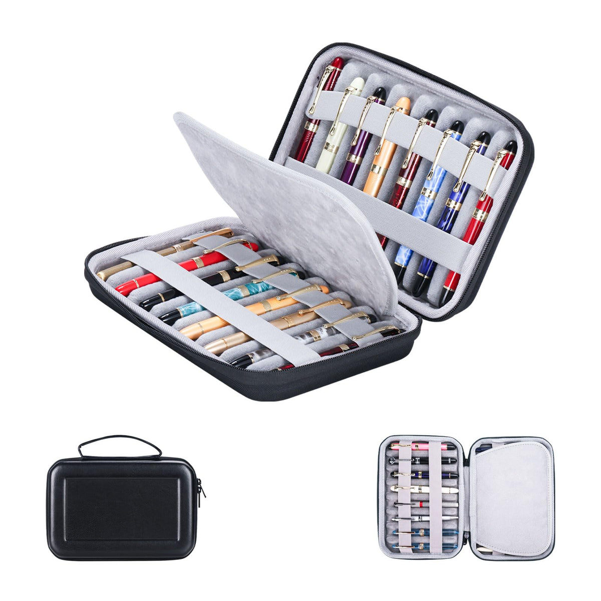 MIVLXLX PU Leather 16 Slots pen case/boxes, Pencil Tray Case Organizer,Handmade Display Zippered Pouch for Rollerball Pen,fountain pen-Retro(black)