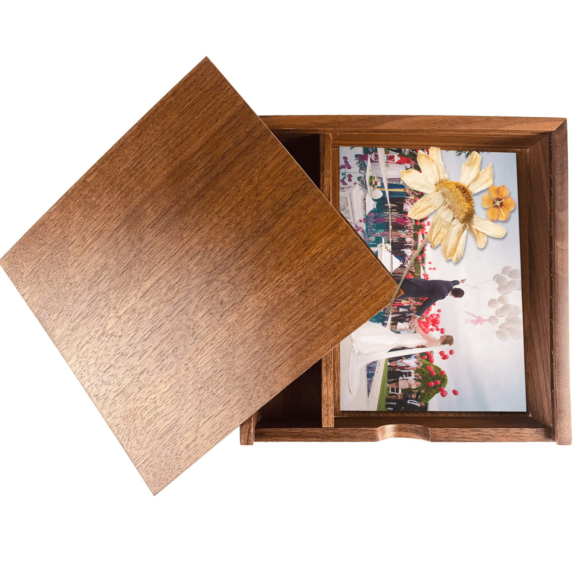 Wood Gift Box with Sliding Top, JBOS Discrete Sliding-Lid Wooden Boxes Photo Box Wedding Memory Box for Friends/Business Partners/Photographers/Clients (Walnut, 6.73x6.73x1.38inch)