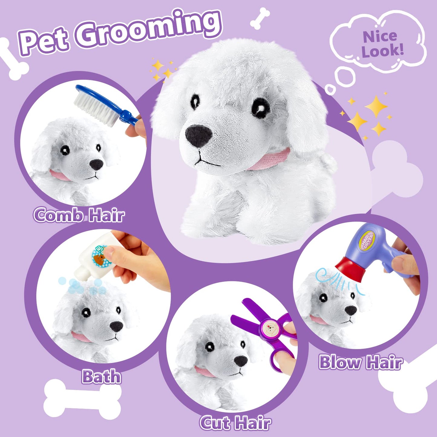HERSITY Kids Vet Kit Dog Grooming Toy Pet Care Role Play Games Animal Dolls Pretend Play Pet Carrier Set Toys 3 4 5 Year Old Girls Boys Children Gifts