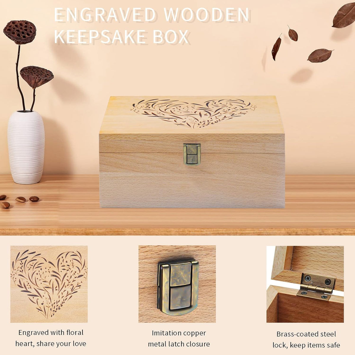 EXISTING Wooden Memory Keepsake Box, Floral Heart Engraved Large Keepsake Boxes with Lids, Memory Box Keepsakes Gift for Anniversary, Wedding, Memory, Birthday, Valentines Day, for Office or Home