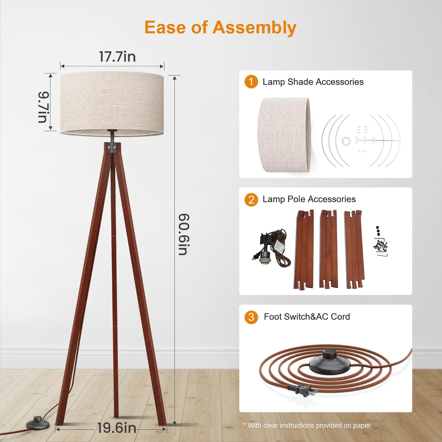 LEPOWER Wood Tripod Floor Lamp, Mid Century Standing Lamp, Modern Design Studying Light for Living Room, Bedroom, Study and Office, Flaxen Linen Shade with E26 Base Brown
