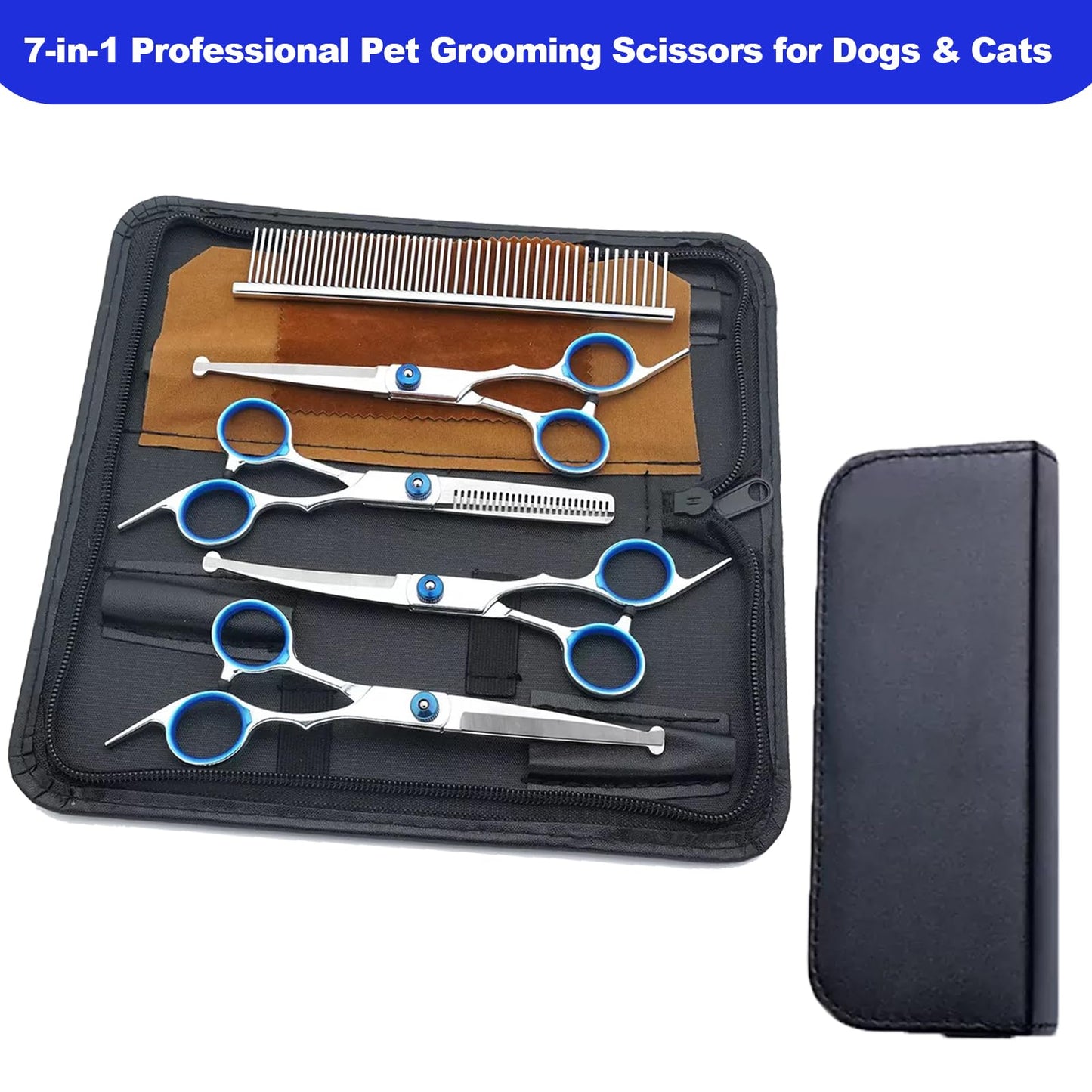 HCHYEY Dog Grooming Scissor, 7-in-1 Pet Grooming Scissor for Dogs, Professional Dog Grooming Kit with Safety Round Tips, Titanium Coated Cat Scissors Kit for Home Grooming (Blue)