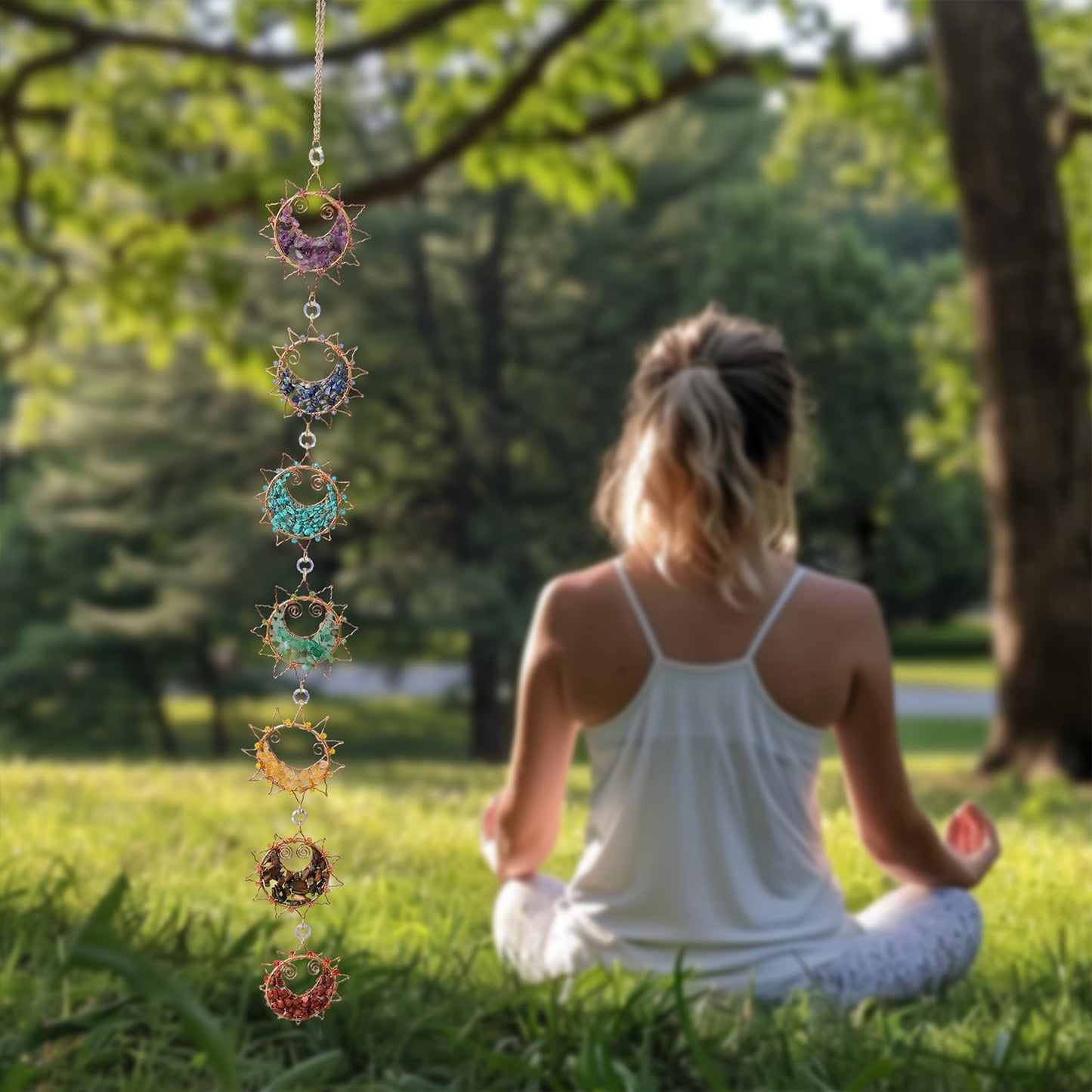 7 Chakra Healing Crystals Hanging Ornament,Handmade Sun Chakra Stones Natrual Gemstones Wall Hanging Ornaments for Home Decor Yoga Meditation (7 Chakra Sun)