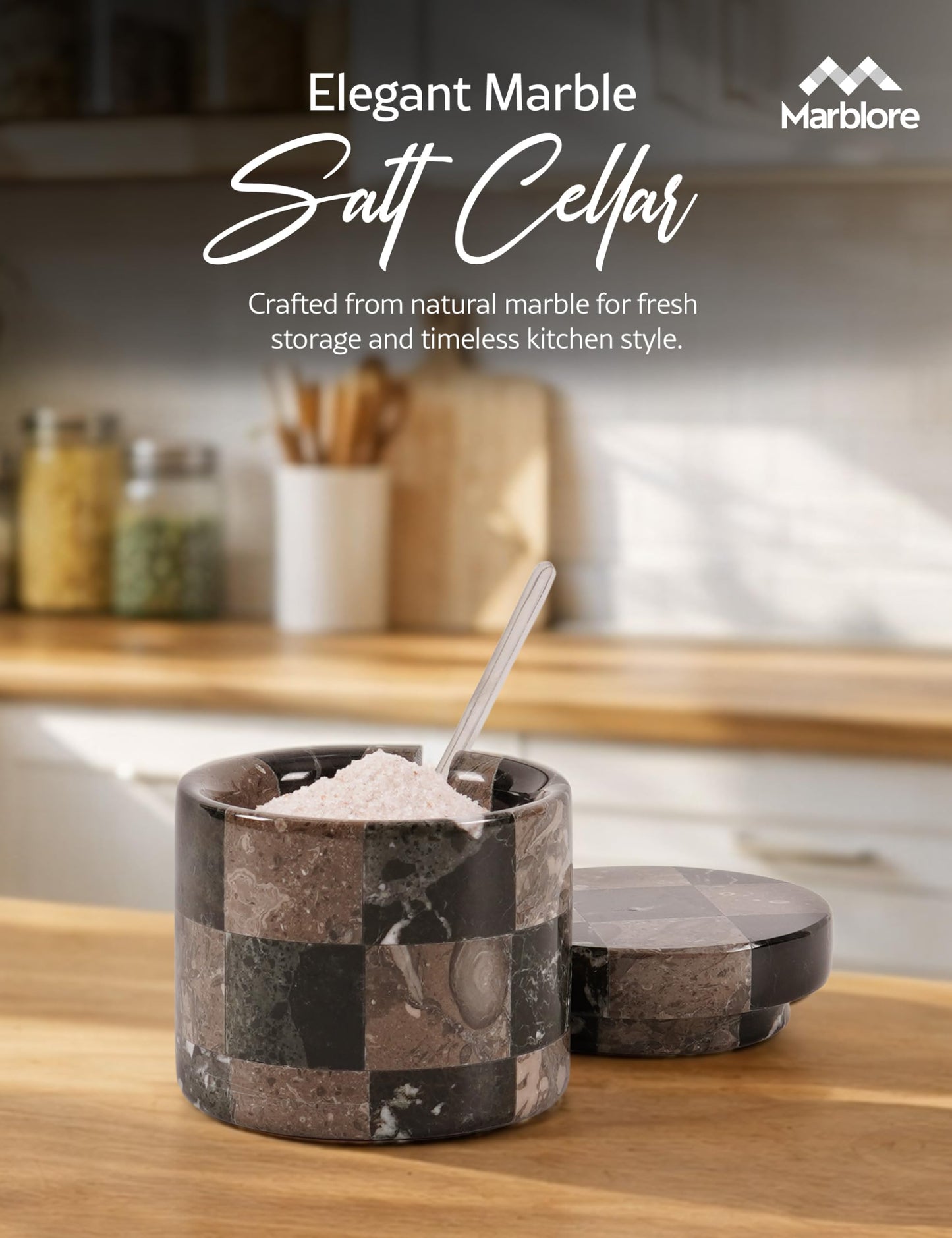 Marble Salt Cellars with Lid and Spoon 3" Black and Oceanic Stone Containers for Kitchen Countertop Storage, Ideal Use For Spice Jars, Sugar Bowl, and Easter Decorations Kitchen