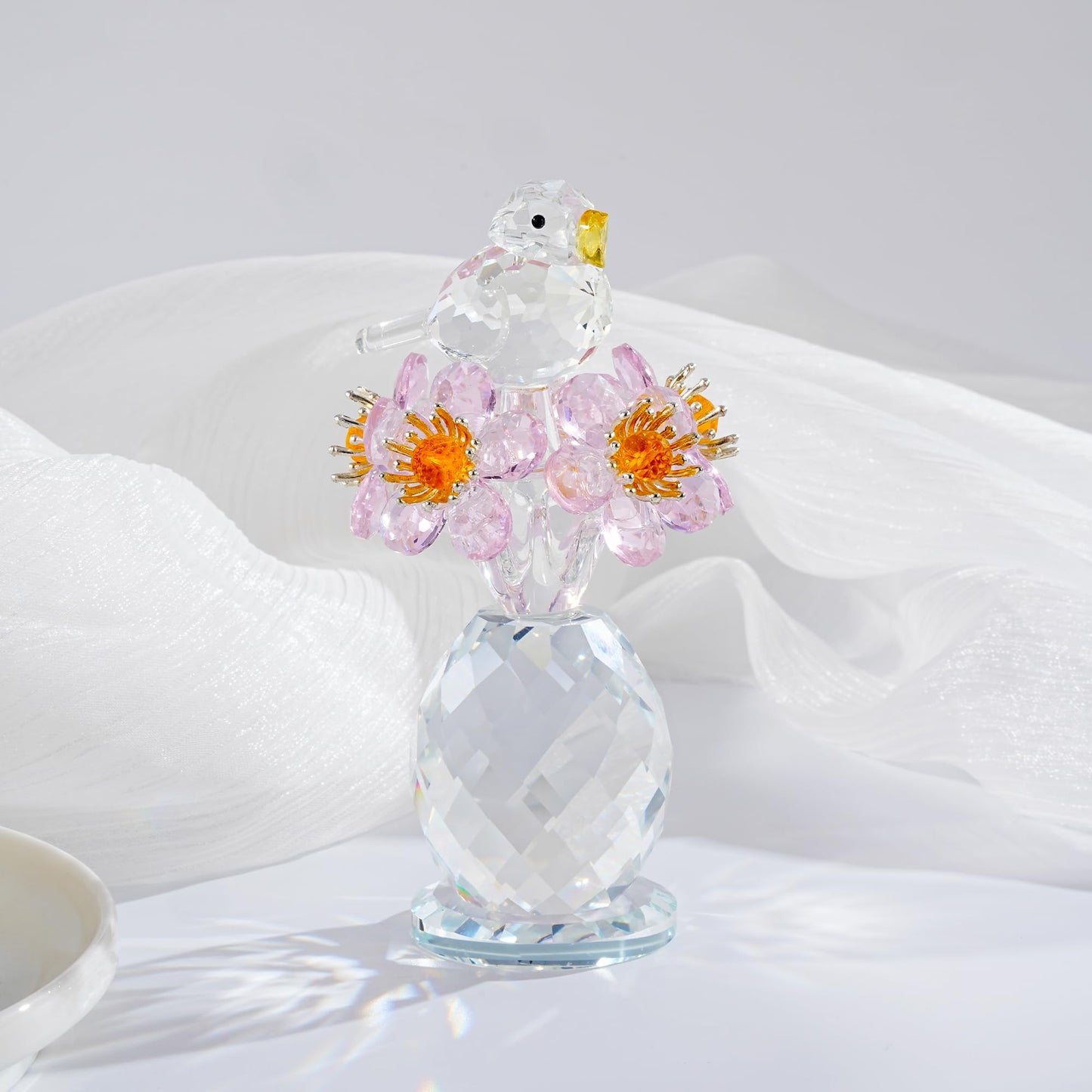 CNCRMEM Crystal Bird & Forget-Me-Not Flower Figurine,3x4 inch Glass Flower Collectible Ornaments for Home Decor Table Centerpiece Glass Bouquet Flowers Keepsake Gifts for Women (Pink)