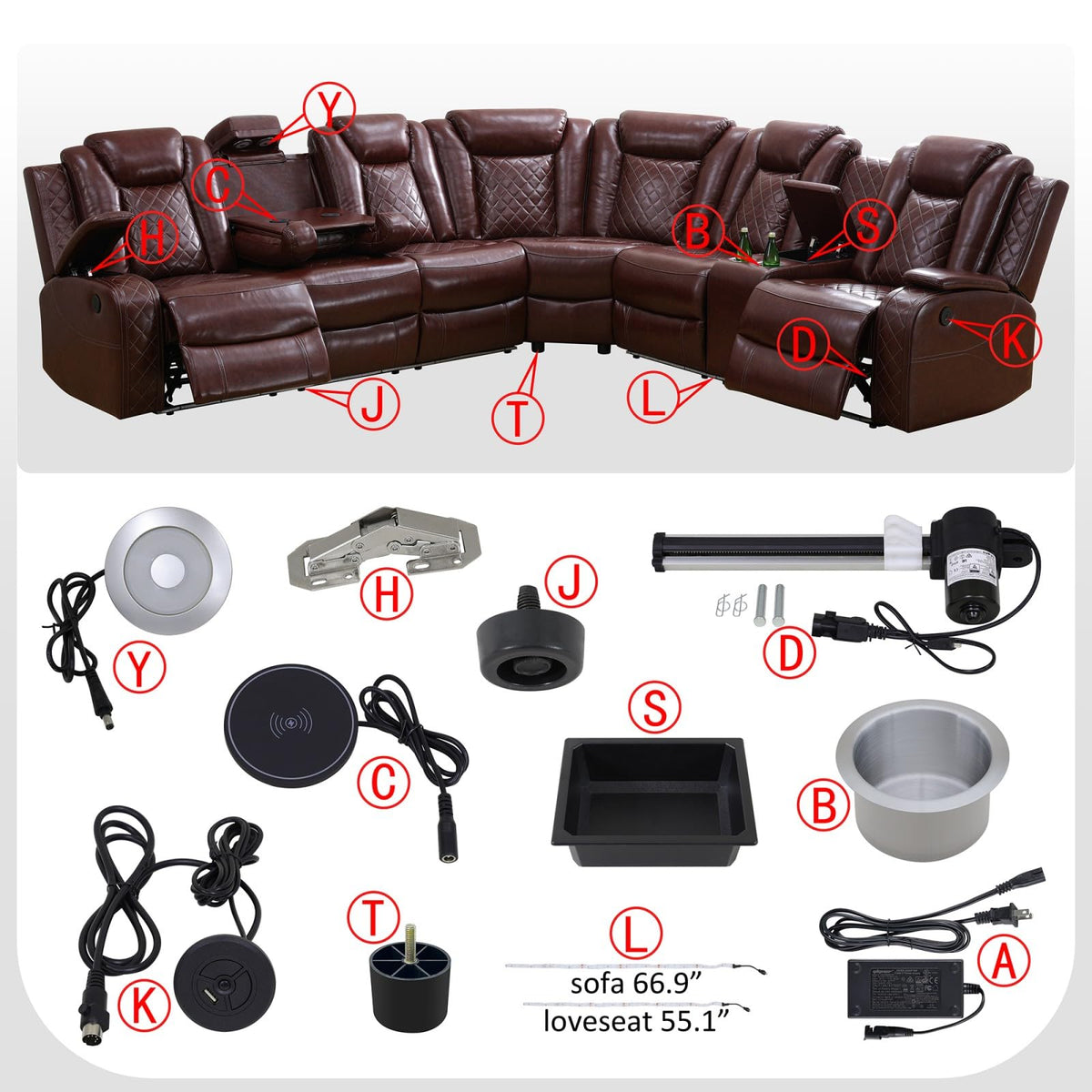 Reclining Sectional, Power Sectional Couch, Leather Sofa Set for Living Room, Comfy Home Theater Seating with USB 2.0 Charging Ports, LED Light Strips, Fold-Down Table & Cupholders (Red, 3-Piece)