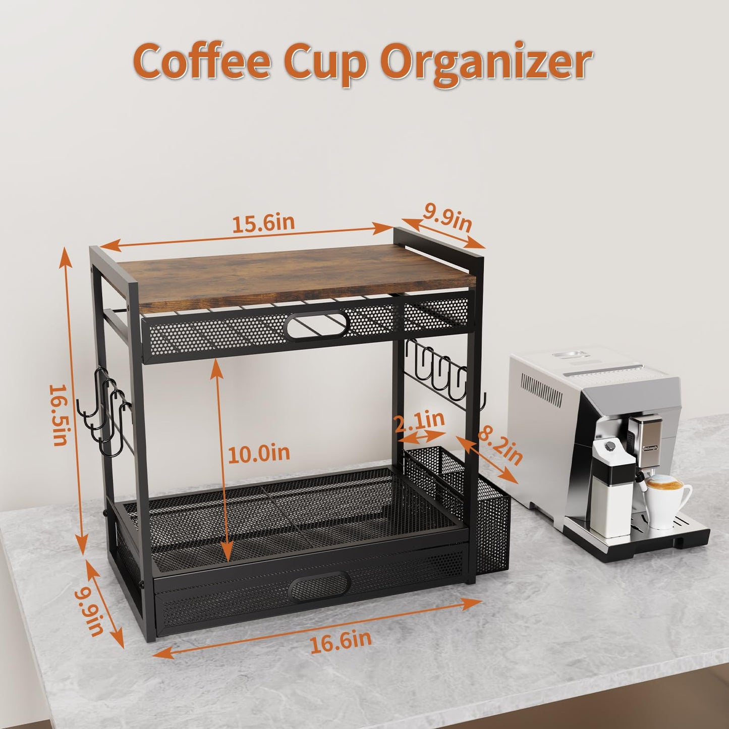 Coffee Bar Organizer Station with CoffeePod Drawer Mug Cup Holder and Tea Condiment Storage for Countertop Organizer CoffeeBar Accessories for Kitchen,Home,Office