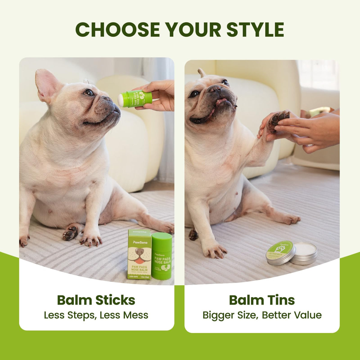 PawSono Lick-Safe Dog Paw & Nose Balm with Coconut Oil | All-Natural Moisturizer & Soother for Dry, Cracked Pads & Snout | Heat & Cold Pavement Protection Wax, Nose Butter for Bulldogs (2.1 oz / 60 g)