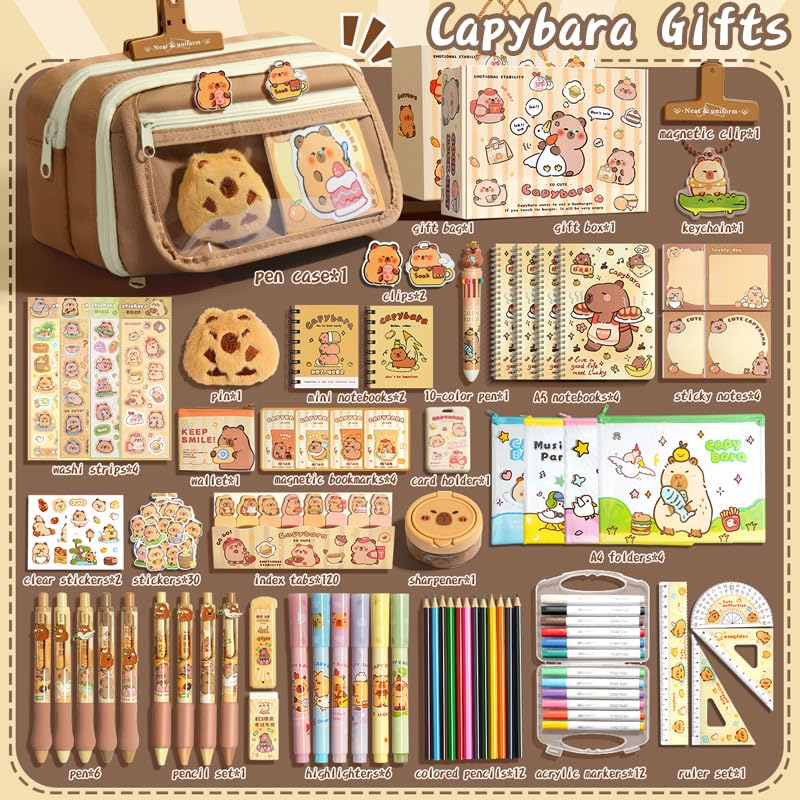 Melorumi Capybara Stationery Set Cute Pencil Case Pouch Gifts For Girls Boys Kid Large Capacity Kawaii Capibara Organizer Office School Supplies