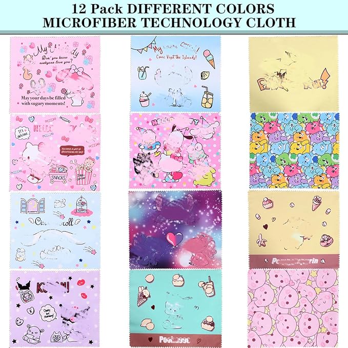 12 Pack Cartoon Colors Microfiber Cleaning Cloths-Cameras Lenses, Sunglasses