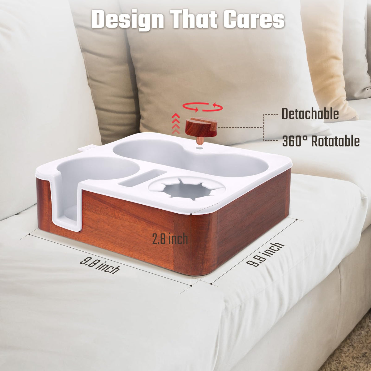 Couch Buddy Couch Cup Holder Tray, Real Acacia Wooden Caddy with Soft Silicone, Snack and Drink Organizer- Perfect Movie Night Accessories for Bed, Remote and Cup Holders for Sofa (White)
