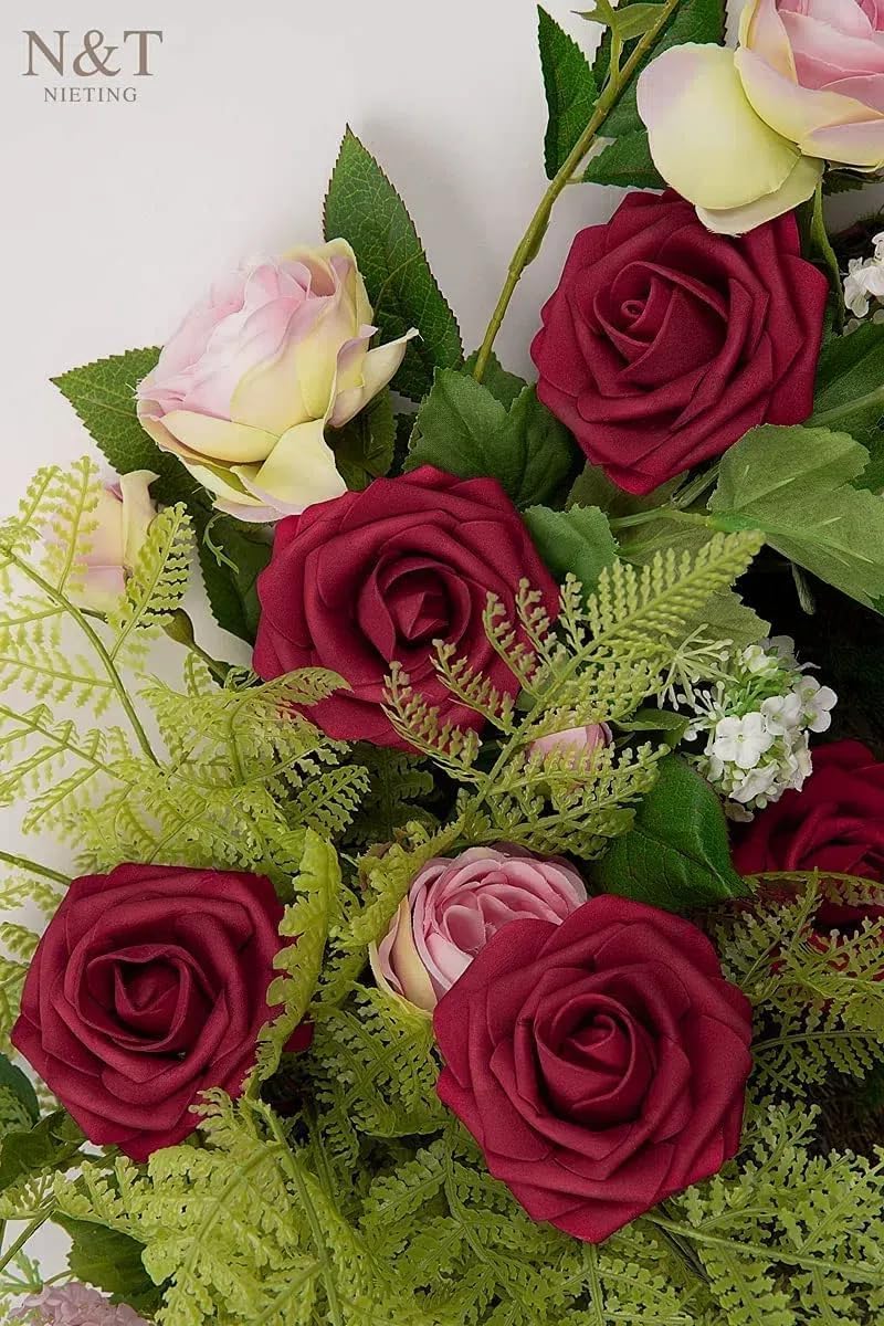 N&T NIETING Artificial Flowers Roses, 25Pcs Red Foam Roses Real Touch Roses with Stems Fake Flowers for Wedding Bridal Bouquets Centerpieces Floral Arrangement Party Home Decoration, Dark Red