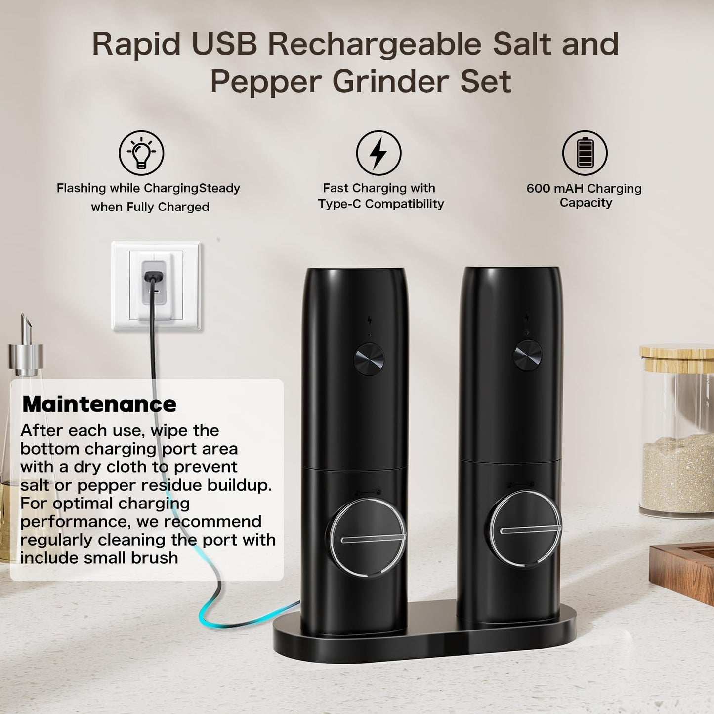 Electric Salt and Pepper Grinder Set of 2, Automatic Pepper Mill,USB Rechargeable, Adjustable Coarseness, One-handed Operation, Ceramic Burr,Refillable, Auto Grinders with Charging Base LED Light
