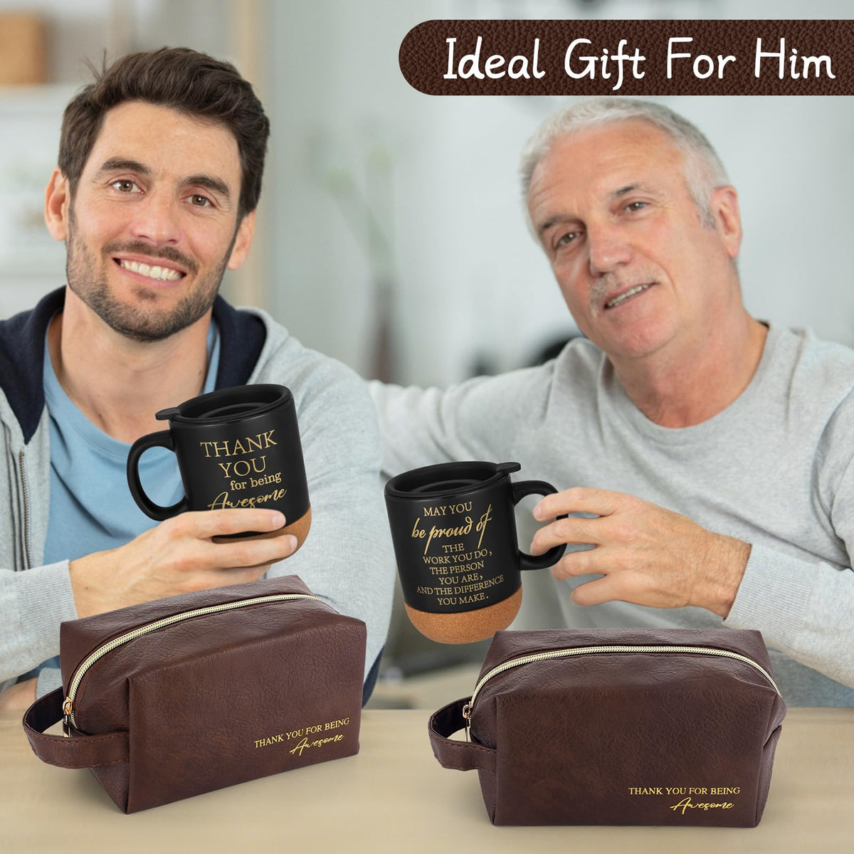 DERTE 12 Pcs Thank You Gift for Men Male Teacher Coworker Employee Appreciation Gift 15 oz Coffee Cup Leather Toiletry Bag Inspirational Keychain Set for Boss Staff Dad Fathers Day Husband Friends