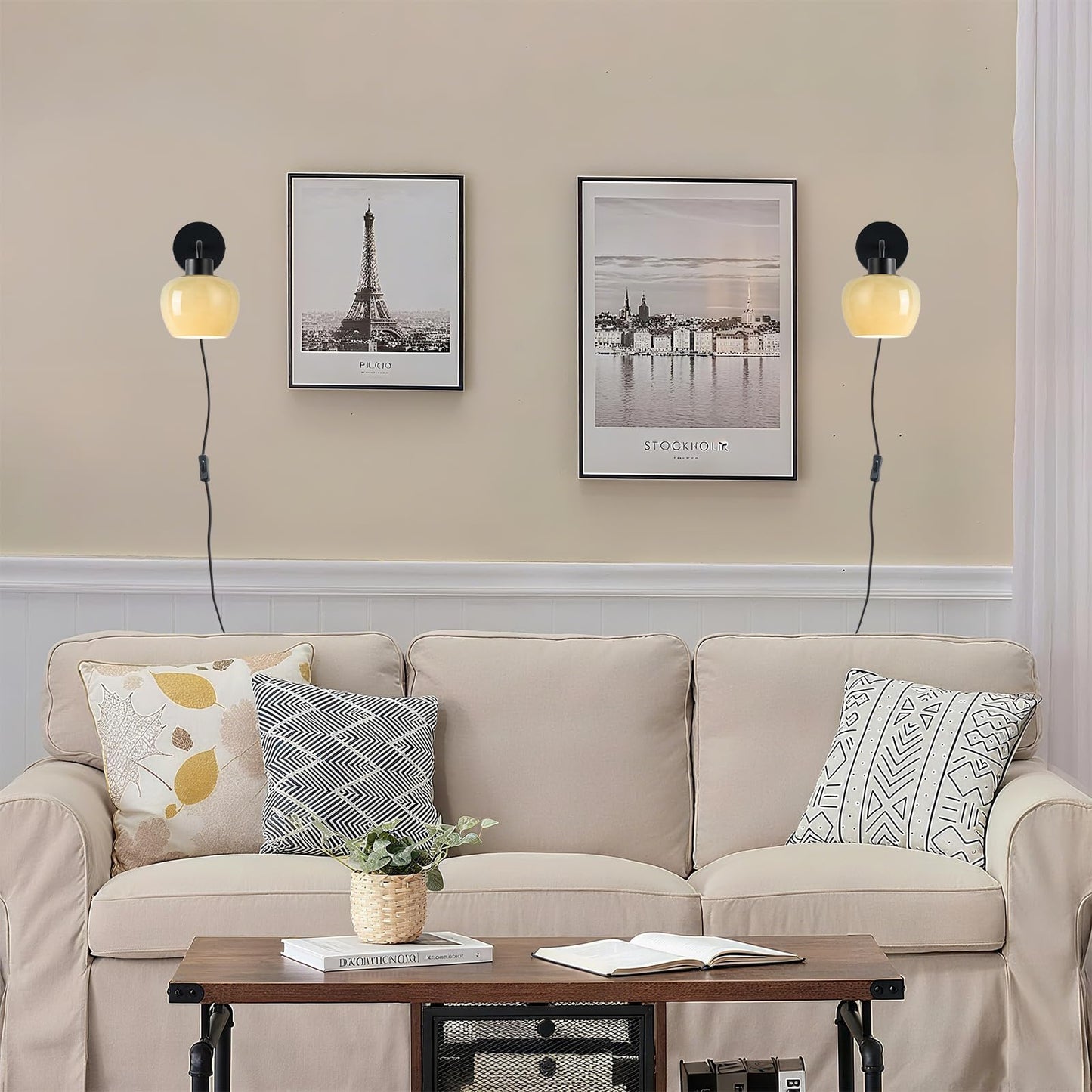 Nitimuto Modern Wall Sconces - Olive Green Milk Glass Plug-in Wall Lamp with Matte Black Finish, Industrial Boho Lighting for Bedroom, Living Room