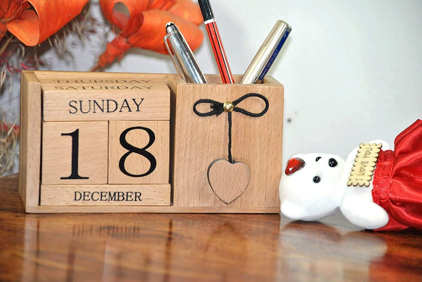 Frescorr - Wooden Perpetual Calendar for Desk, Wood Month Date Display Blocks for Teachers, Students, Classrooms, Farmhouse Office Decor, Desk Accessories