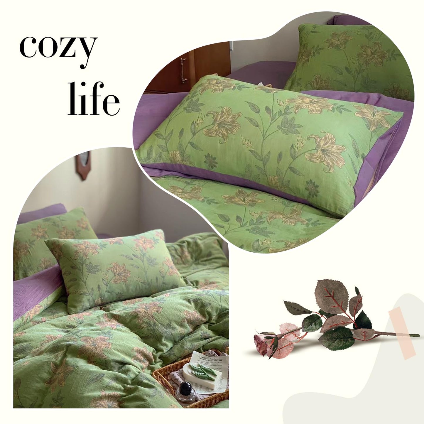 VM VOUGEMARKET Linen Cotton Jacquard Duvet Cover Queen,3 Pcs Yarn-Dyed Textured Duvet Cover Set Green Purple Floral Bedding Breathable, Natural Wrinkled Look-No Comforter