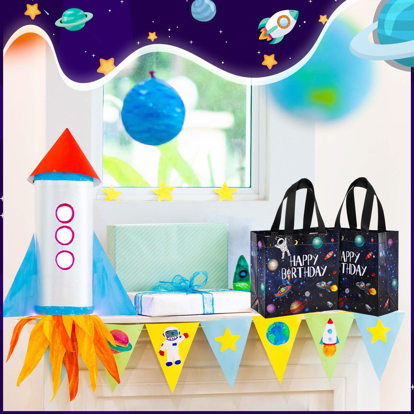 Tiamon 30 Pcs Outer Space Birthday Party Favor Bags Bulk Space Happy Birthday Gift Bags with Handles Reusable Non Woven Planet Goodie Treat Astronaut Present for Galactic Solar System Party Supplies