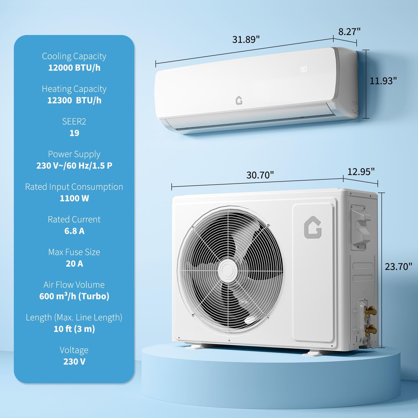 GarveeHome 12000 BTU Mini Split AC/Heating System, 19 SEER2 6-in-1 Inverter Split System Air Conditioners, Ductless Heat Pump Wall Mount AC Unit Cool Up to 750 Sq. Ft, Installation Kits, 230V