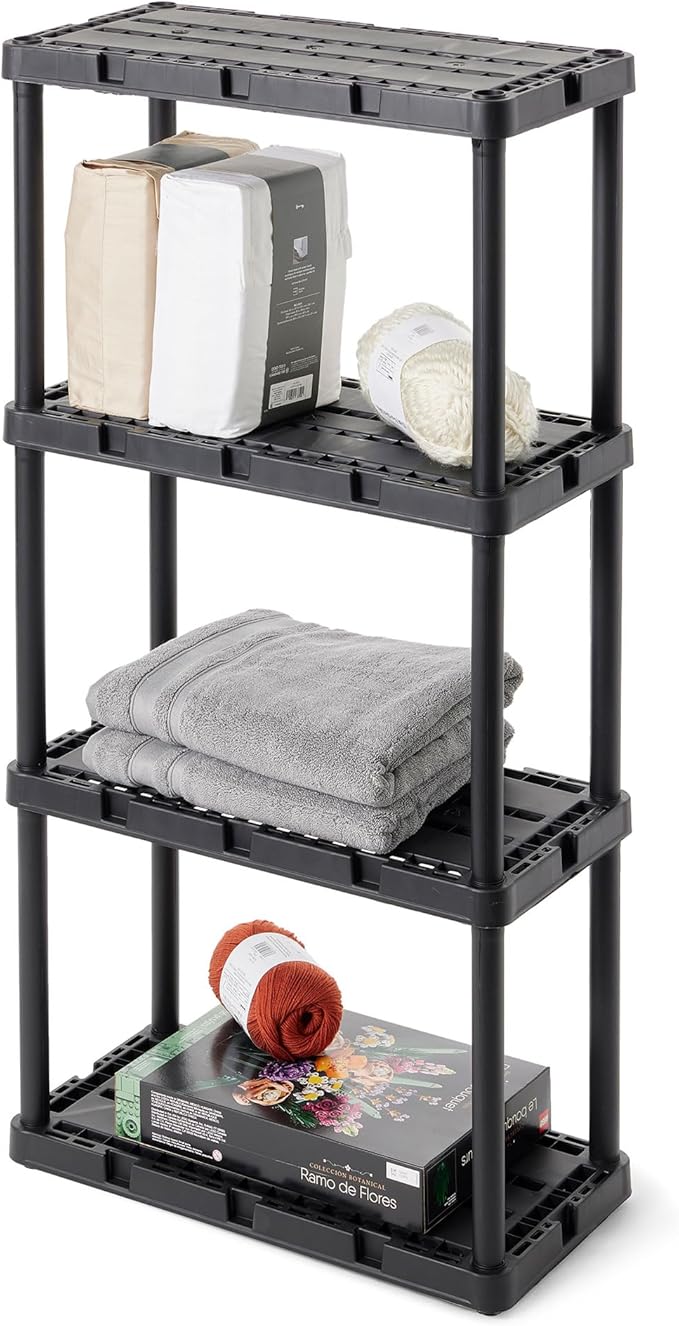 Gracious Living Light Duty Storage Shelves, Knect-A-Shelf 4-Shelf Ventilated Shelving Rack Organizer for Home, Garage, Basement & Laundry, Black