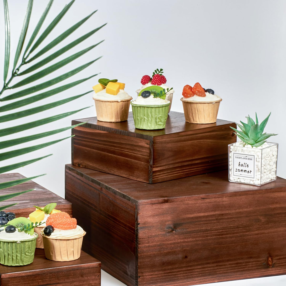 DAOYOUSKY Set of 4 Wooden Rustic Cake and Cupcake Stand Combo, Square Wood Display Stand for Weddings, Cube Party Buffet Table Display Nesting Riser for Dessert, Food , Cookie, Craft Show, Brown