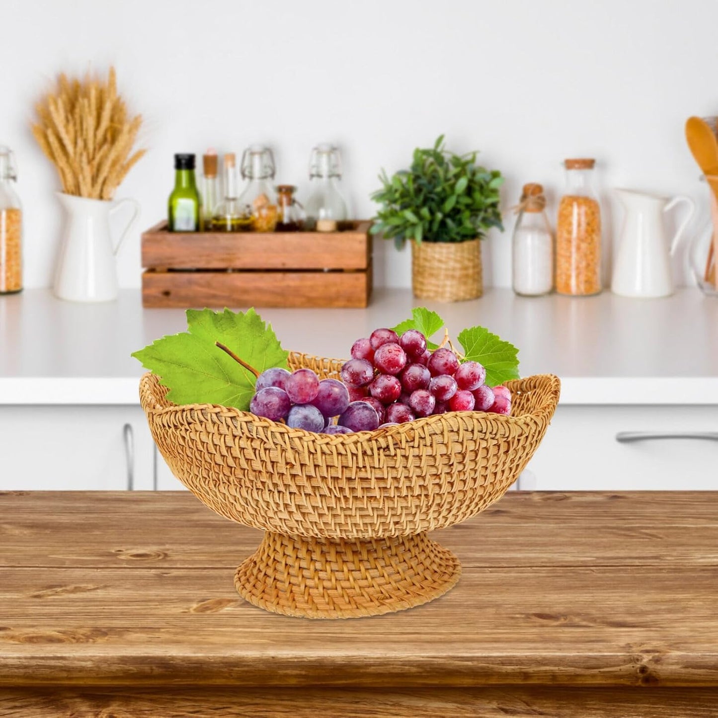 DOITOOL Rattan Fruit Bowl, Woven Footed Bowl Round Pedestal Plate Decorative Bowl for Table Centerpiece, 10 Inch Rattan Footed Bowl Woven Fruit Bowl for Kitchen Counter or Table Decorations