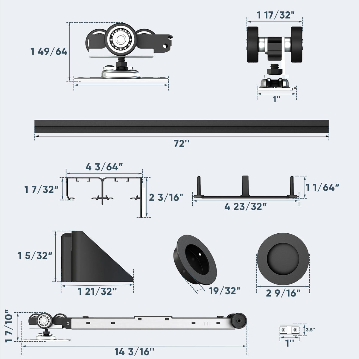 JUBEST 6FT/72 Heavy Duty Bypass Door Hardware with Soft Close Mechanism, Sturdy Closet Door Track for 2 Door System, Quietly and Smoothly, Fit Door Thickness 1 3/8" or 1 3/4", Easy to Install, Black