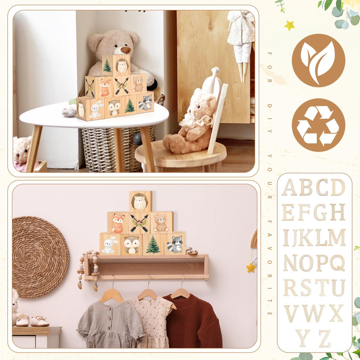 Wonderjune Custom Woodland Animals Wooden Name Sign, 8 Animals Block with 78 Letter Name Cubes for Alphabet Wood Signs Playroom Decoration