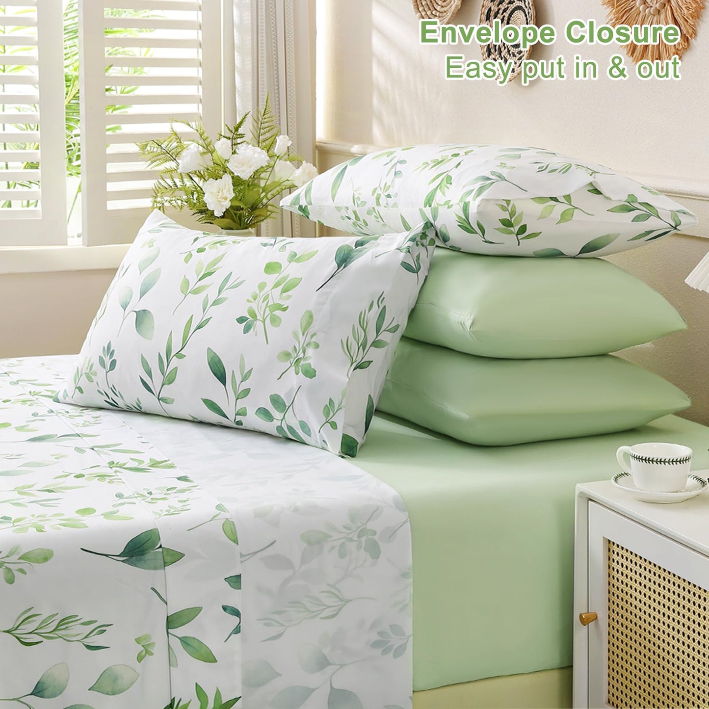 Botanical 6-Piece Full Size Sheets Set, Boho Floral Print Brushed Microfiber Sheets, Cooling Bed Sheet Set, Ultra Soft & Breathable, 16' Deep Pocket Fitted Sheet & Pillowcase Set, Sage Green Leaves