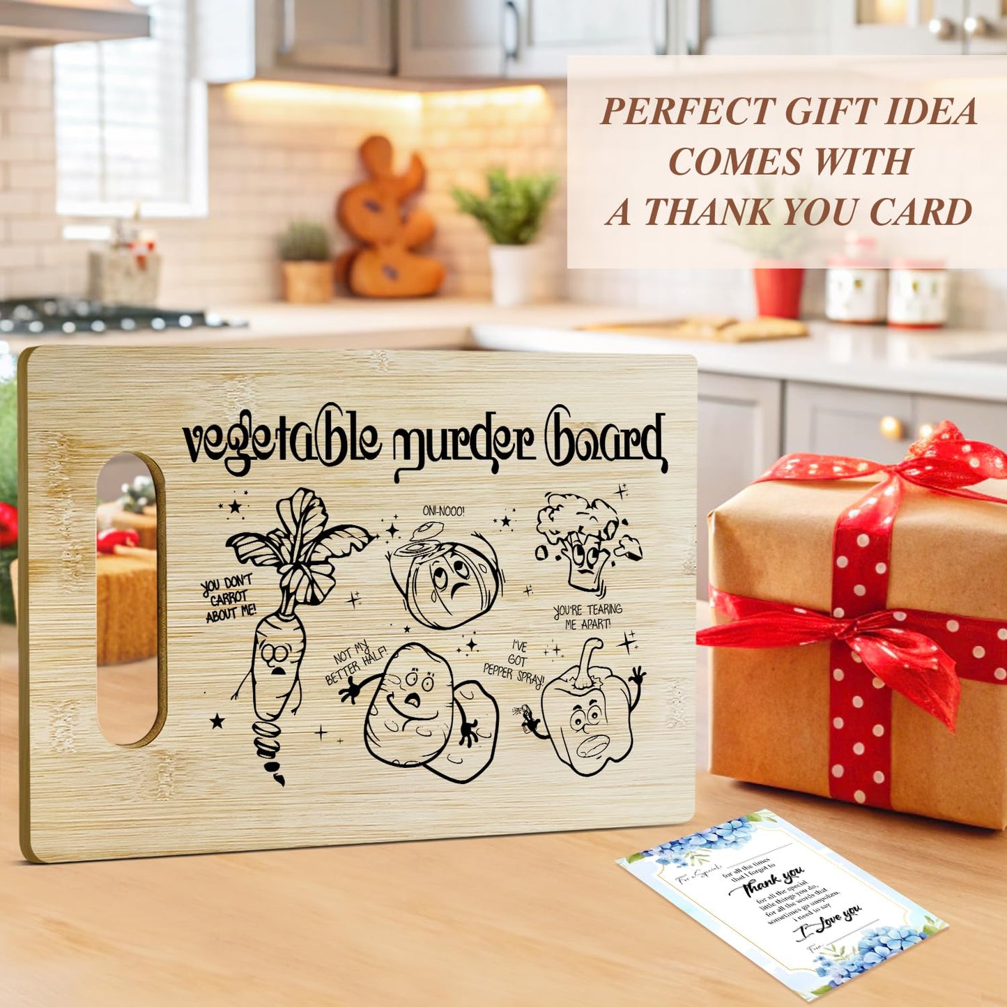 Funny Bamboo Cutting Board for Kitchen, Vegetable Murder Charcuterie Boards, Christmas Thanksgiving Housewarming Gifts for Friends Couple Women, Farmhouse Home Kitchen Decor -012