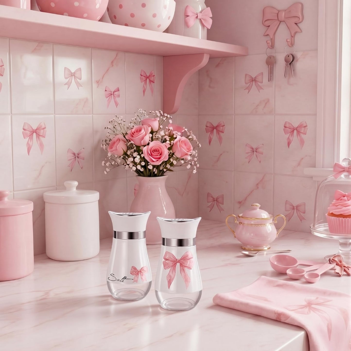 Bokon 2 Pack Pink Bow Salt and Pepper Shakers Set, Coquette Stainless Steel Containers with Glass Bottom for Kitchen Accessories, Home Decorations, Cooking, BBQ, Camp, Beach, Bar, Idea