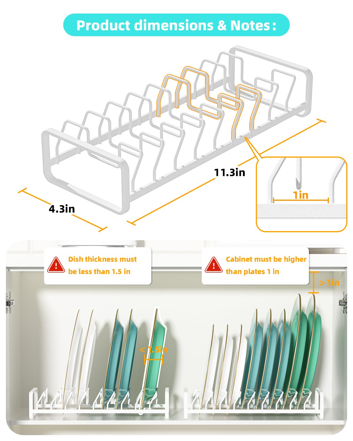Plate Organizer for Cabinet (2-Pack),Kitchen Dish Rack Organizer for Cabinet Countertop Drawer Space Saver,8 Slots Vertical Plate Holder Storage Rack, Housewarming Kitchen Gifts for Women (White)