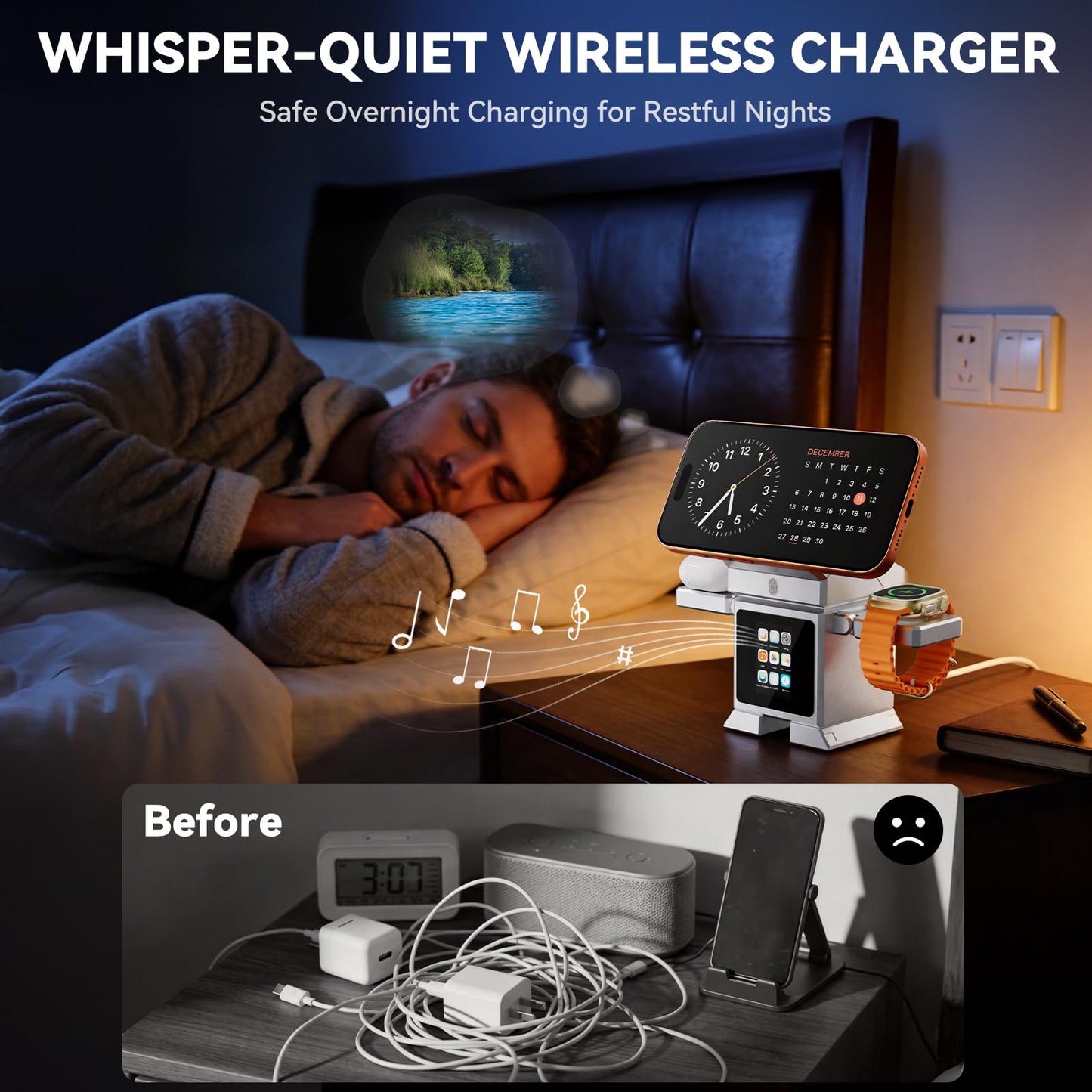 7-in-1 Robotic Wireless Charging Station with LCD Touch Screen, Bluetooth 5.3 Speaker, Alarm Clock, Qi2.2 25W Magnetic Rotating Fast Charging Dock for iPhone, iWatch, AirPods, 45W Adapter (Silver)