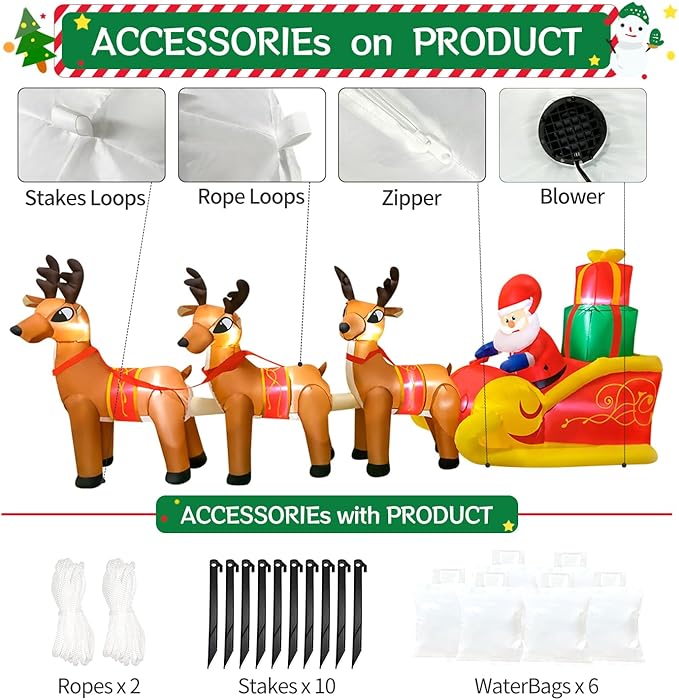 DomKom 12 FT Christmas Inflatable Outdoor Santa Claus on Sleigh with Three Reindeer, Building LED Lights, Blow Up Yard Decoration for Party Garden Lawn Winter Decor