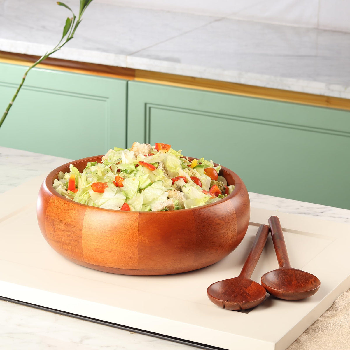 LAVAUX DESIGNS Extra large Wooden salad Bowl with 2 servers | 12x4 inches | 4.5 quarts capacity | Food safe salad serving bowl | (Natural Finish)
