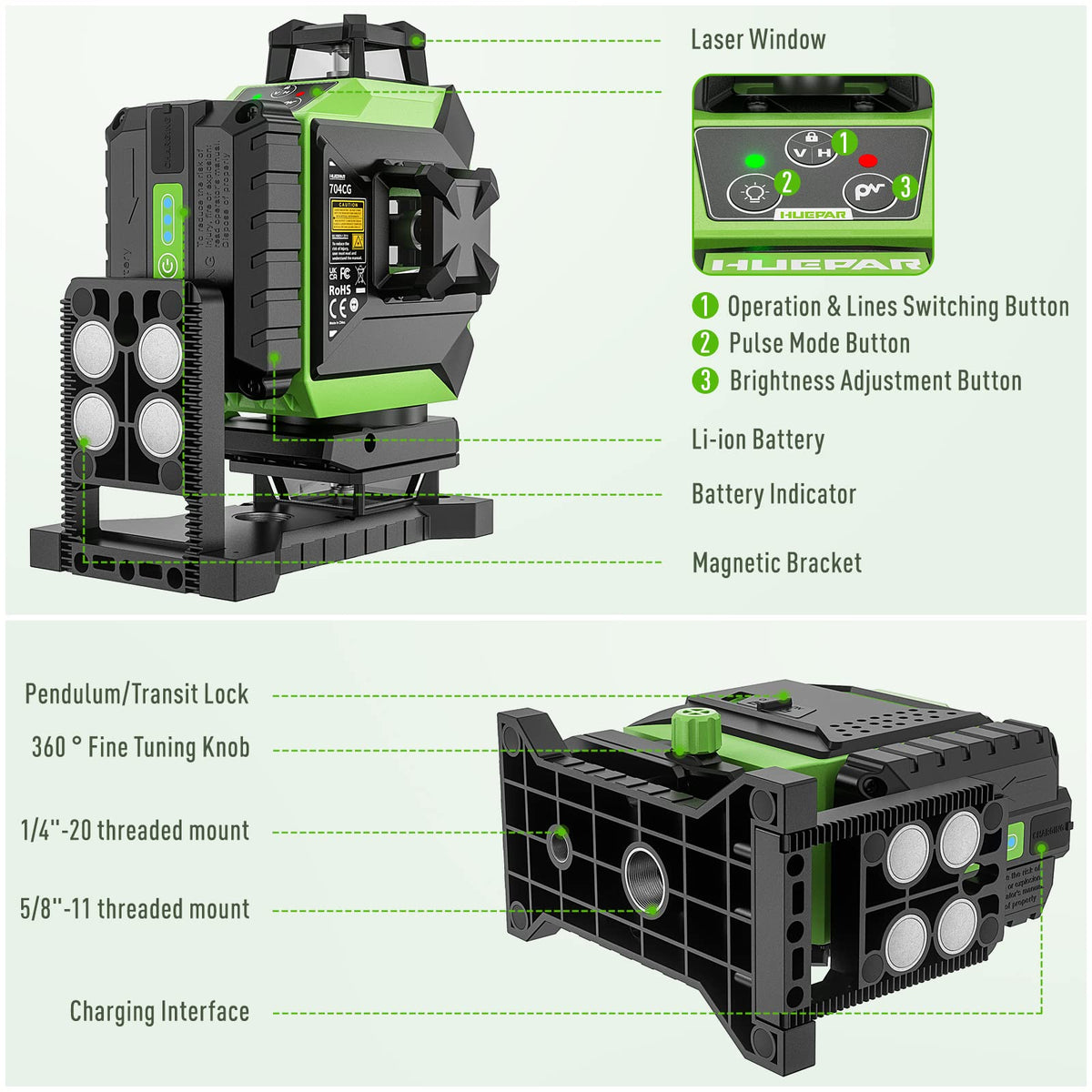 Huepar 4 x 360 Laser Level Self-leveling 4D Green Beam Cross Line 16 Lines Tiling Floor Laser Tool - 2 x 360 Horizontal/Vertical Laser Lines -rechargeable & Integrated Magnetic Bracket 704CG