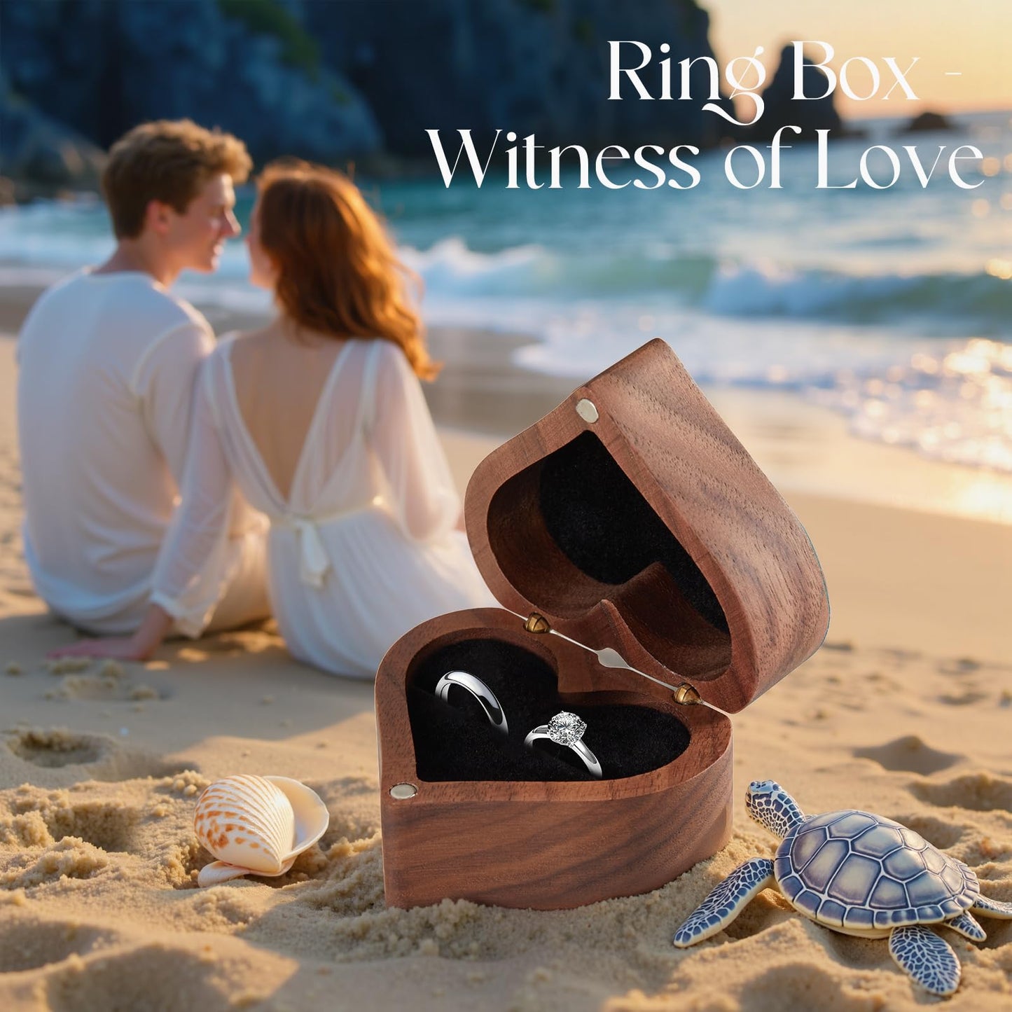 SAMAH Ocean Resin Heart Engagement Ring Box, Birthday Gifts for Women Mom, Personalized Walnut Wooden Ring Box, Ring Display Box for Proposal, Wedding, Anniversary, Valentine's Day, Mothers Day Gifts
