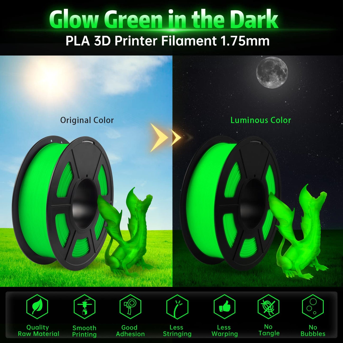 SUNLU Glow in The Dark PLA Filament, Neatly Wound Luminous PLA 3D Printer Filament 1.75mm Dimensional Accuracy +/- 0.02mm, Fit Most FDM 3D Printers, 1kg Spool (2.2lbs), Green PLA, Glow Green.