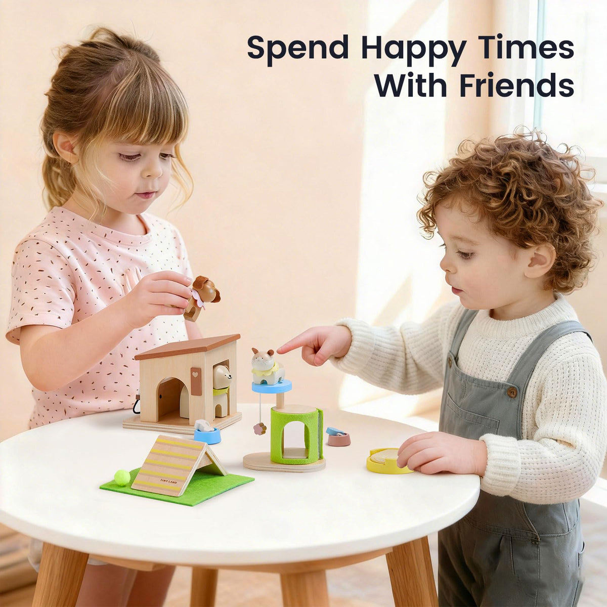 Tiny Land Wooden Dollhouse Animal Set for Toddlers, Dollhouse Accessories & Dolls House Furniture Sets for Toddlers, Montessori Pretend Play Family Pets Set Toys, Gift for Kids Age 3+
