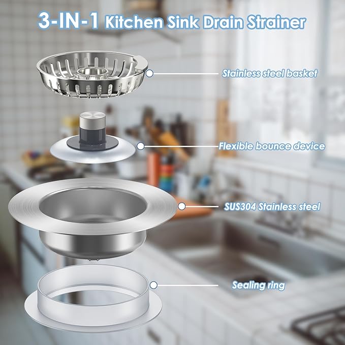 Semour 3 in 1 Kitchen Sink Drain Strainer, 304 Stainless Steel Kitchen Sink