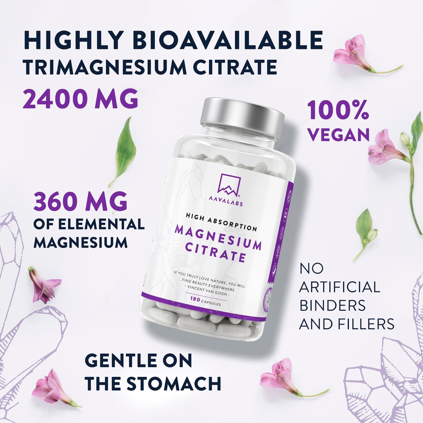 Aavalabs Magnesium Supplements for Women and Men - 2400mg per Daily Dose - (360mg Elemental) - 180 Magnesium Citrate Capsules - 3 Capsules Per Day - Vegan