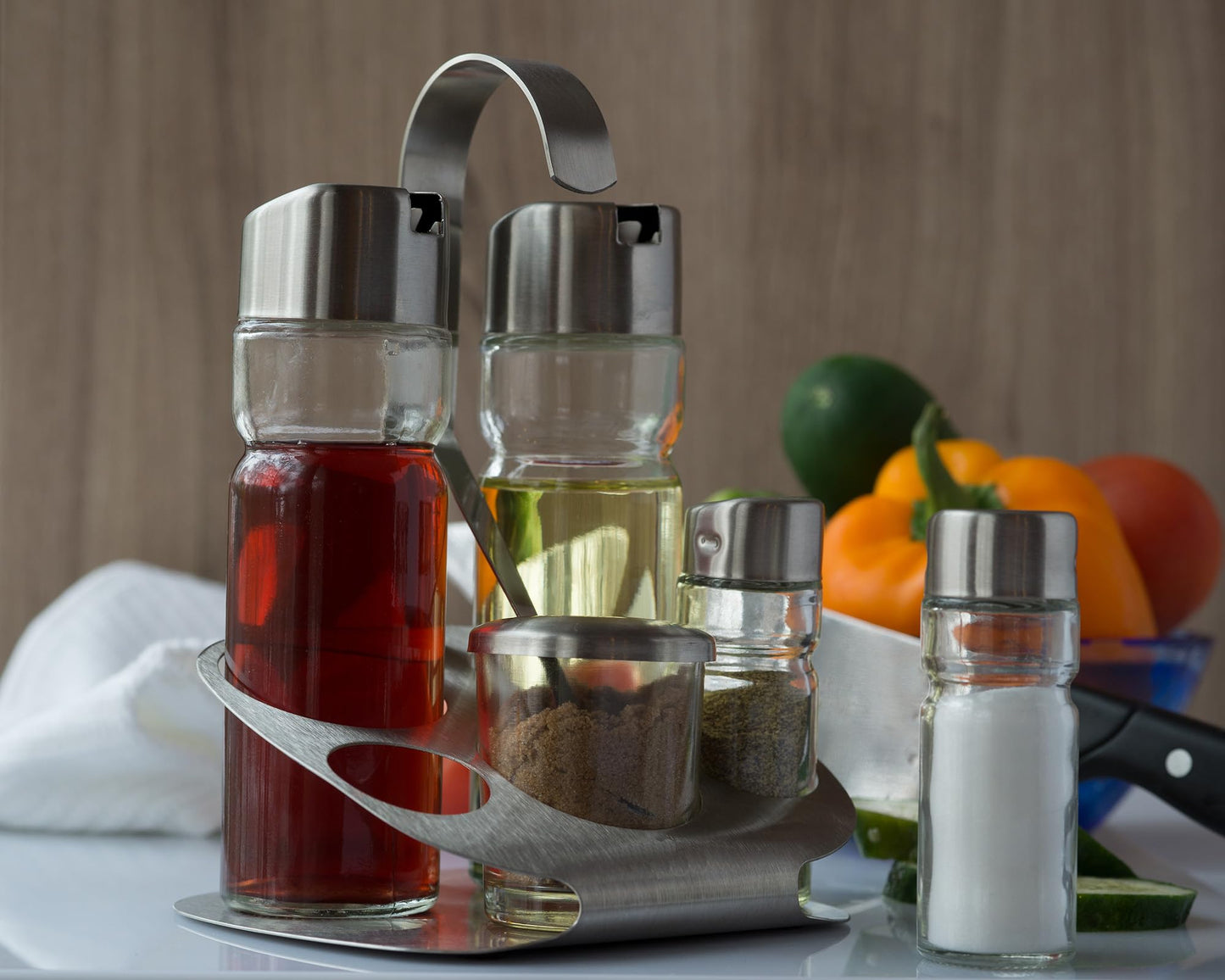 Oil and Vinegar Salt & Pepper Cruet Set (6 Piece) Durable Glass Stainless Steel Bottle Set With Caddy