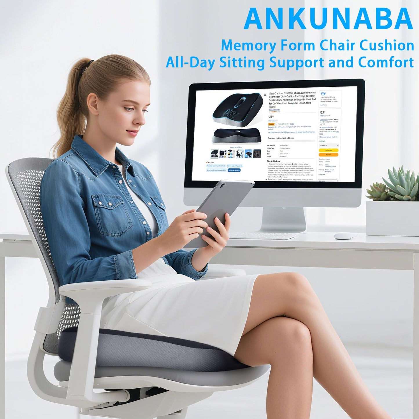 ANKUNABA Seat Cushions for Office Chairs, Large Memory Foam Desk Chair Cushion for Coccyx Tailbone Sciatica Back Pain Relief, Orthopedic Chair Pad for Car Wheelchair Computer Long Sitting (Black)