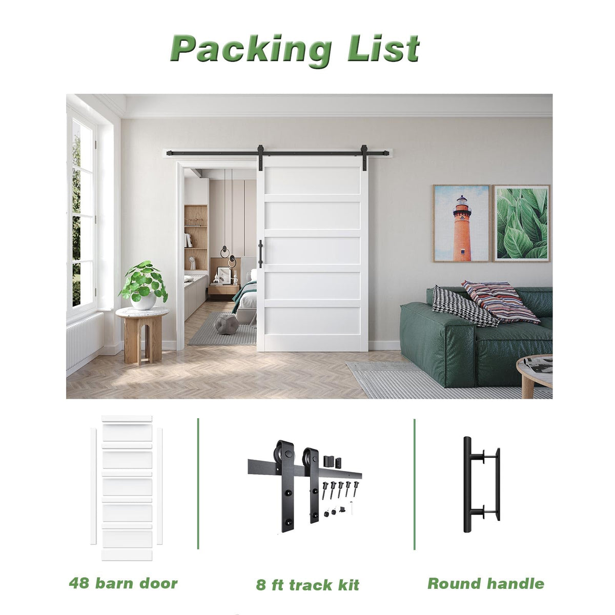 Fredbeck 48x80 inch White Barn Door with 8FT Sliding Barn Door Hardware Kit Included,DIY Assembly,Water-Proof,5-Panel,Fit 45in-47in Opening